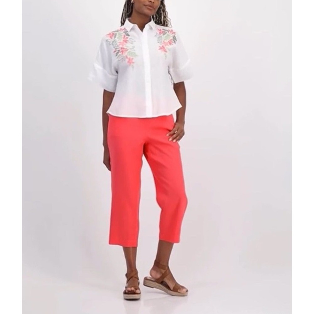 XL Women Cropped Pull-On Pants 100% Linen Coral